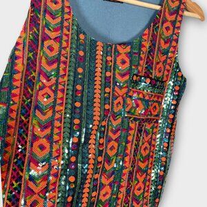 ISLE By Melis Kozan Sequin Tank Top Sz MEDIUM Colorful Boho Aztec Glam Cowgirl